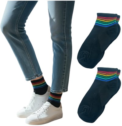 Zwarte Enkelsokken met Regenboogstrepen – One Size - Stoer & Comfortabel (1 Paar)