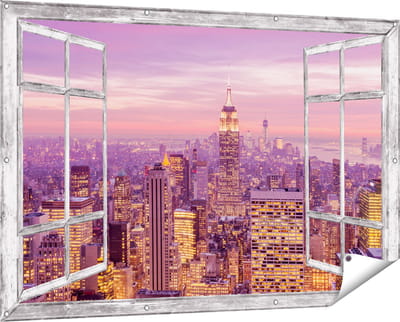 Gards Tuinposter Doorkijk New York Skyline met Lichten bij Zonsondergang - 150x100 cm - Tuindoek - Tuindecoratie - Wanddecoratie buiten - Tuinschilderij