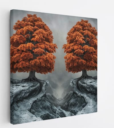 Saammp Canvas Schilderij - 2 Oranje Bomen - Bloemen - Landschap - Natuur - 20x20 - Foto op canvas - Wanddecoratie - Muurdecoratie Woonkamer - Slaapkamer decoratie - Canvas Print