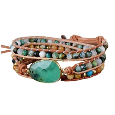 Marama - wikkelarmband Borean Sea - leer - edelsteen Turquoise Agaat - damesarmband - verstelbaar