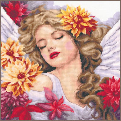 Lanarte Borduurpakket - Borduurset - Borduurpakket volwassenen - Telpakket kit - 29 x 29cm - Engel met dahlia - PN-0207172