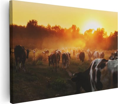 Artaza Canvas Schilderij Koeien Zonsondergang - 30x20 cm - Klein - Muurdecoratie Boerderij Dieren - Wanddecoratie Natuur - Kamer Accessoires Woonkamer