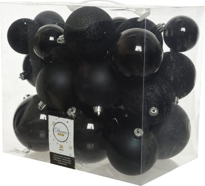 Decoris Kerstballen - 26x st - zwart - 6-8-10 cm - kunststof - kerstversiering