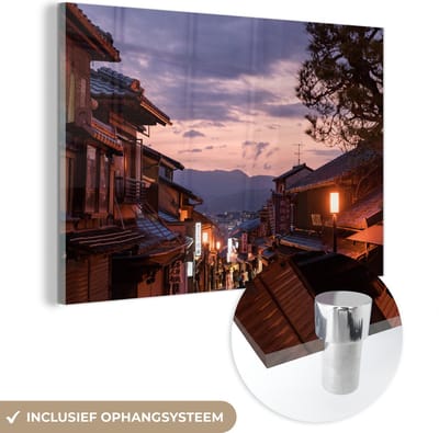 ® Glasschilderij 180x120 cm - Schilderij acrylglas - Oude stadsstraten van Kyoto in Japan tijdens de avond - Foto op glas - Muurdecoratie woonkamer - Wanddecoratie slaapkamer - Schilderijen