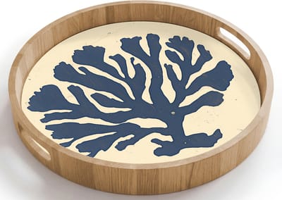 Dienblad rond 40x40 cm - Schootdienblad hout - Blauw koraal - Vertakkingen - Beige - Borrelplank rechthoek - Plateau houten dienbladen