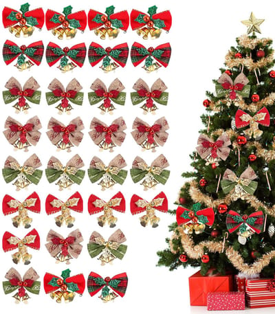 30 stuks Kerstlinten met belletjes, kerstboomlinten decoratie, mini krans jute linnenlinten decoratief om op te hangen, strikknoop hangende ornamenten voor Kerstmis (Rood, Groen en Goud)