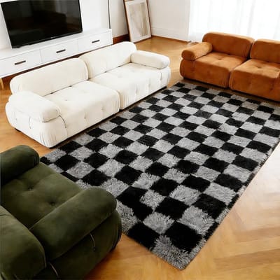Omgoods - Grijs en Zwart Plaid Fluffy Vloerkleed - Shaggy, 140 x 200 cm