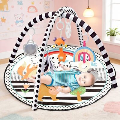 FUEGOBIRD - Baby Play Mat - Cute Baby Animals - Deluxe Gym - Colorful Interactive and Grasping Toy - Great Sounds - Developmental Play for Babies 2 Months+