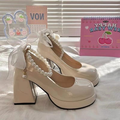 Modieuze Dames Hoge Hakken met Elegante Strikken Damesschoenen Dikke Hak Schoenen voor Dames Retro Feest Vierkante Neus Parel Sandalen 36 gray