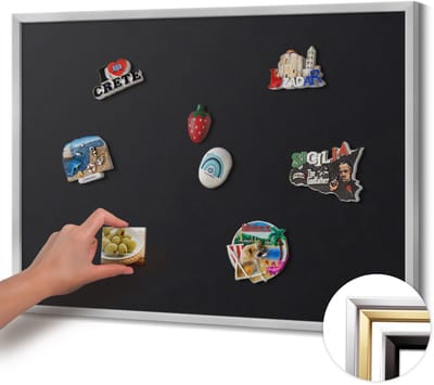 Wallfluent - Zwart Magnetisch Bord in Verschillende Kleuren - 80 cm x 60 cm - Magneetbord met Zilveren Frame - Zwarte kleur - Magnetisch Bord voor Thuis en Kantoor - Magnetisch Bord voor Magneten - Magneetbord voor Herinneringen