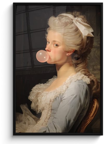 Poster in lijst - Fotolijst 80x120 cm - Posters - Vrouw - Barokjurk - Kauwgom - Posterlijst zwart - Decoratie - Wanddecoratie woonkamer - Muurdecoratie slaapkamer