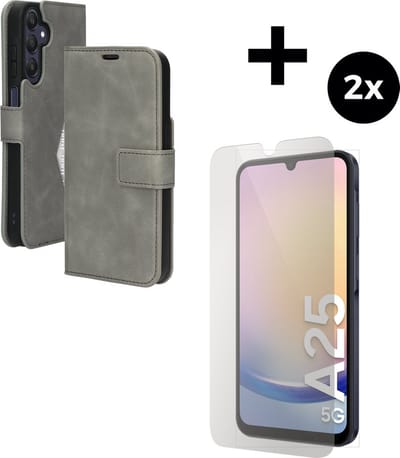 Mobiparts Classic Wallet hoesje geschikt voor Samsung Galaxy A25 met 2 Screenprotectors van Gehard Glas - Grijs