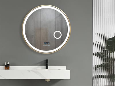 Mawialux LED Badkamerspiegel - 80cm - Rond - Mat goud rand - Make up vergroting spiegel - Verwarming - Digitale klok - Bluetooth - Josh