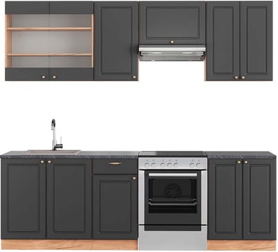 Vicco Fame-Line Complete keukeneenheid – 240 cm, WB Antraciet Antraciet Landhuis/Goud Kraft Eik