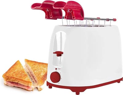 Aurixi® Broodrooster Met Tostiklemmen - Toaster Met Kruimellade 750W - Tosti Apparaat & Tosti Ijzer Alternatief - 7 Standen - Wit/Rood - 17cm x 30cmx 26cm