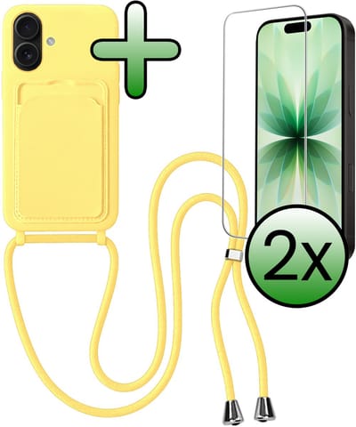Hoes Geschikt voor iPhone 17 Hoesje Pas Houder Case Hoes Met Koord Met 2x Screenprotector - Hoesje Geschikt voor iPhone 17 Hoes Met Telefoonkoord Pasjeshouder Cover - Geel