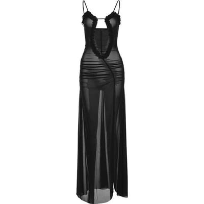 Zomer Zwart Doorzichtig Mesh Strandjurk Dames Elegant Sexy Vetersluiting Vest Slank Maxi Jurk Lange Mouw Vakantie Feestjurken G0Ea M black