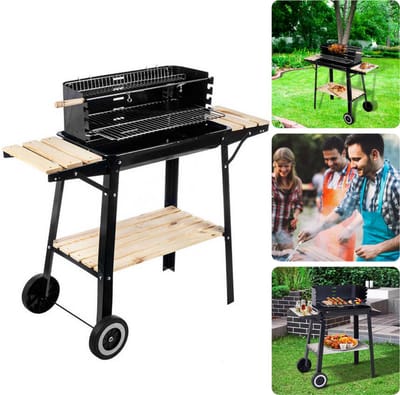 Barbecue Verrijdbaar - BBQ op Wielen - Houtskool BBQ - Buitenkeuken - 45x31cm - 6kg - Windscherm met Gleuven - 2 Wielen - Verstelbaar - Inclusief EBOOK