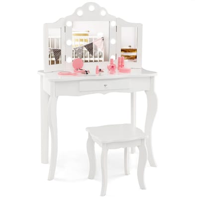 COSTWAY 2-in-1 kindermake-uptafel, kaptafel met ledverlichting, inklapbare spiegel en laden, make-uptafel prinses voor kinderen en meisjes (wit)