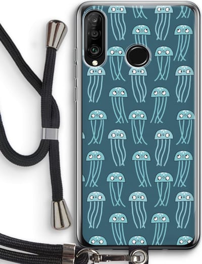 Case Company® - Hoesje met koord geschikt voor Huawei P30 Lite hoesje met Koord - Kwallie - Telefoonhoesje met Zwart Koord - Bescherming aan alle Kanten en Over de Schermrand