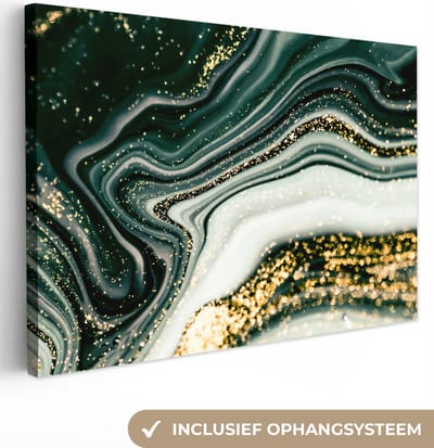 Canvas schilderij 150x100 cm - Wanddecoratie Marmerlook - Goud - Groen - Glitter - Design - Marmer - Muurdecoratie woonkamer - Slaapkamer decoratie - Kamer accessoires - Schilderijen op canvas
