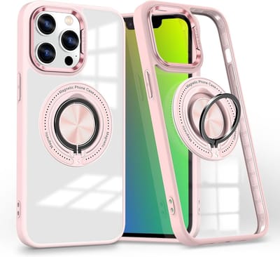 Magsafe Hoesje Geschikt voor iPhone 14 Pro hoesje Transparant Rose Goud - Met Ring houder iPhone 14 Pro Telefoonstandaard