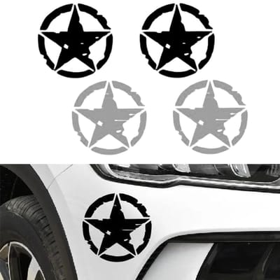 Dailygoods- Autostickers Reflecterend - 4 Stuks Sterren - Zwart/Wit - Duurzaam PET-Materiaal - Weerbestendig - 15 cm x 15 cm - Autosticker