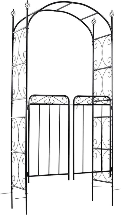 Outsunny Garden Decorative Metal Arch with Gate Outdoor Patio Trellis Arbor for Climbing Plant Arch Antique Black - 108L x 45W x 215Hcm