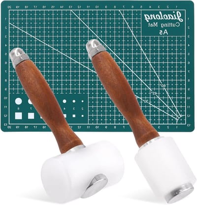 Set van 3 Leren Beitels met Snijmat, 2 Nylon Hamer met Houten Handvat en A5 Snijmat voor Leerbewerking en Stempelen