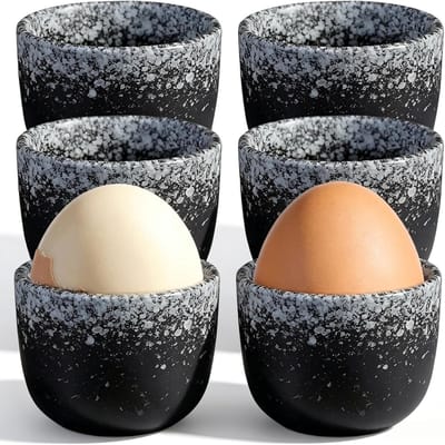 Set van 6 eierdopjes, porseleinen eierdopjes, diameter 5 cm, hoogte 4,8 cm, ovenglazuurproces, glad en braamvrij, vaatwasmachinebestendig en in geschenkdoos, eierdopjes voor ontbijttafels