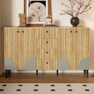 Sweiko Dressoir - 4 lades - Halmeubel - Houtnerf - Verstelbare planken - Metalen poten - Natuurlijke