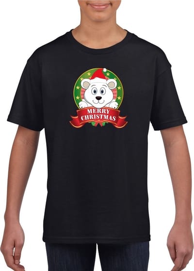 Kerst t-shirt voor jongens met ijsbeer print - zwart - Kerst shirts voor jongens en meisjes 110/116