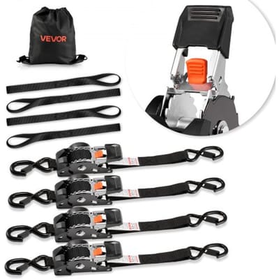 VEVOR Automatische spanbanden, 25,4 x 3048 mm, spanbanden met S-haken, breeksterkte 544 kg, 4 zachte lussen, ratelmechanisme voor verhuizingen, aanhangers, motoren, kajaks, autodaken, verpakking van 4