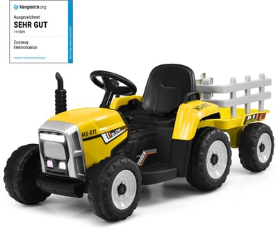 COSTWAY 12 V 3 versnellingen tractor met afneembare aanhanger en 2,4 G afstandsbediening, kinderzittractor met ledverlichting, muziek, claxon en USB-functies (geel)