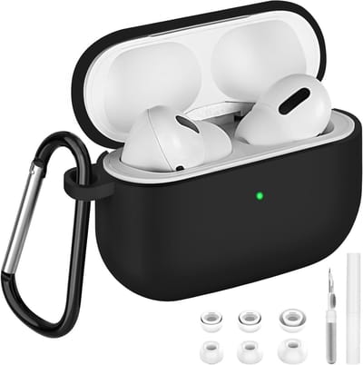 Beschermhoes voor AirPods Pro 2/1 met Schoonmaakset en Karabijnhaak - Schokbestendig Zacht Silicoon voor Apple AirPods Pro 2/1 - Zwart, Ideaal voor Bescherming en Gebruiksgemak