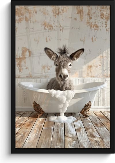 Poster in lijst - Fotolijst 40x60 cm - Posters - Ezel - Dieren - Badkuip - Schuim - Posterlijst zwart - Wanddecoratie badkamer - Muurdecoratie WC - Decoratieve accessoires - Toilet muur decoratie