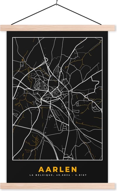 Posterhanger incl. Poster 40x60 cm - Schoolplaat - Kaart - Goud - Stadskaart - Plattegrond - Aarlen - Textielposter - Blanke latten - Stadskaart
