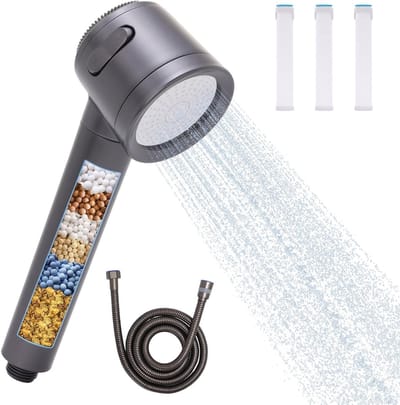 Douchekop met hard waterfilter, 15 niveaus, geavanceerde filtering, hoge druk en 3 sproeimodi, waterbesparend met 1,5 m slang, verwijdert chloor en kalkaanslag, grijs en duurzaam