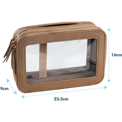 Trousse de toilette transparente pour femmes Voyage d'affaires Rangement étanche Grande capacité Portable PU Double couche Trousse à cosmétiques café
