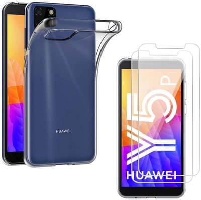 Hoesje Ultraslank geschikt voor Huawei y5p backcover siliconen Transparant en 2 stuks ScreenProtector Gehard Glas met zwarte randen