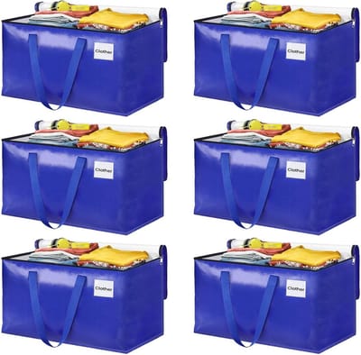 Heavy Duty Verhuistassen en Opbergbakken - Opvouwbare Verhuisdozen met Versterkte Handgrepen en Labelzak - 93L (Blauw, 6 Pack)