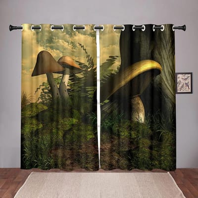 Natuur Paddenstoel Bos Dromerig Verduisterend Raamgordijn voor Slaapkamer Woonkamer Badkamer Keuken Deur Hal Hoge Verduistering Nieuwe Mode W55 X H120cm X 2&Grommet Top blue
