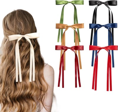 Set van 6 Haarstrikken voor Vrouwen - Haarclips met Strik voor Feestjes en Dagelijks Gebruik (Bordeaux, Zwart, Avocado, Groen, Koffie)