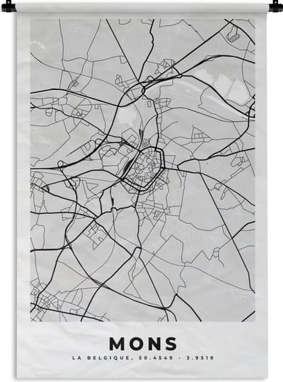 Wandkleed - Wanddoek - België – Mons – Stadskaart – Kaart – Zwart Wit – Plattegrond - 120x180 cm - Wandtapijt