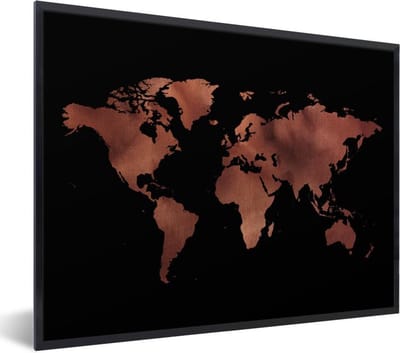 Poster in lijst - Fotolijst 80x60 cm - Posters - Wereldkaart - Rood - Zwart - Posterlijst zwart - Decoratie - Wanddecoratie woonkamer - Muurdecoratie slaapkamer