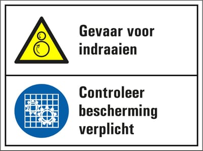 Gevaar voor indraaien en bescherming controleren sticker 200 x 150 mm