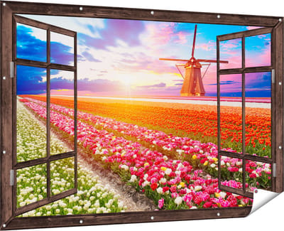 Gards Tuinposter Doorkijk Kleurrijke Bloemenveld met een Windmolen - 180x120 cm - Tuindoek - Tuindecoratie - Wanddecoratie buiten - Tuinschilderij
