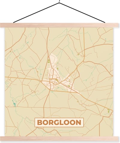 Posterhanger incl. Poster 40x40 cm - Schoolplaat - Kaart - België - Borgloon - Stadskaart - Plattegrond - Textielposter - Blanke latten - Stadskaart