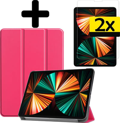 Hoes - Geschikt voor Apple iPad Pro (2021) - 11 inch - 3e generatie - Met Screenprotector - Trifold Bookcase - Hard Cover - Hardcover Book Case - Tablet Hoesje - Donkerroze