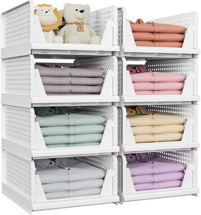 8 stuks stapelbare opbergdozen voor kast, multifunctionele en opvouwbare kastorganizer voor badkamer, keuken, wasruimte, kledingkast, ruimtebesparende kledingkastorganizer, wit
